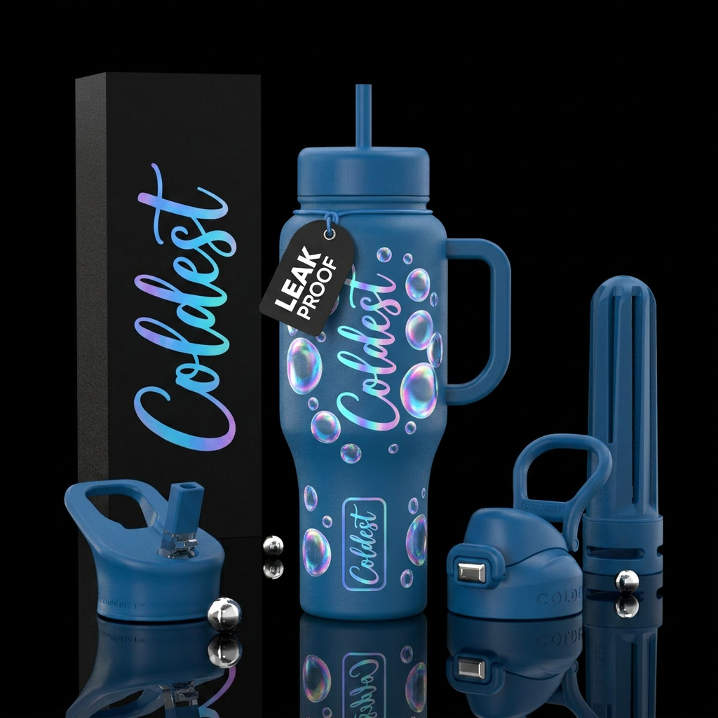 Coldest written in calligraphy, blue bottle, surro... water bottle design