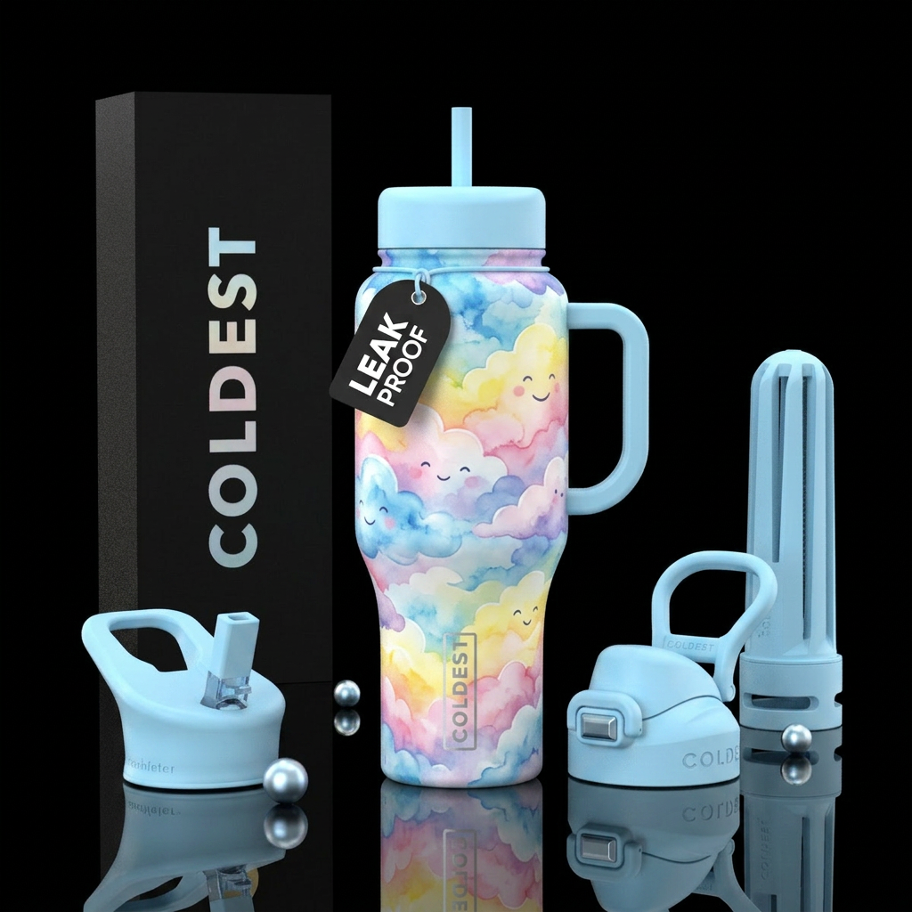 stylistic, luxurious, clouds, happy mood, watercol... water bottle design