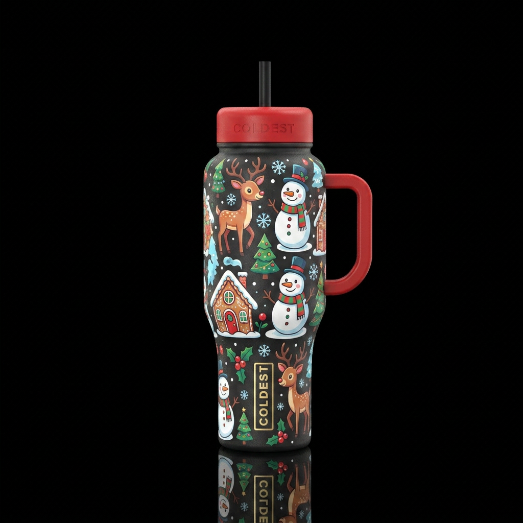 Christmas, snow, cartoon, whimsical water bottle design