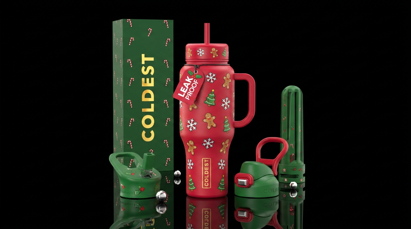 Christmas, snow, cartoon, whimsical water bottle design