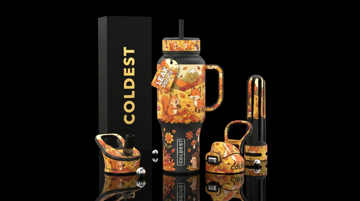 Cartoon, happy, autum,, vibrant water bottle design