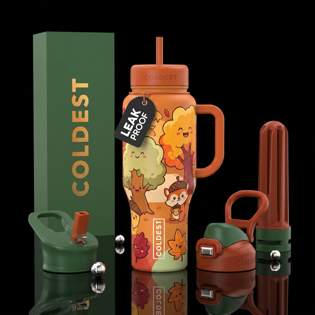Cartoon, happy, autum,, vibrant water bottle design
