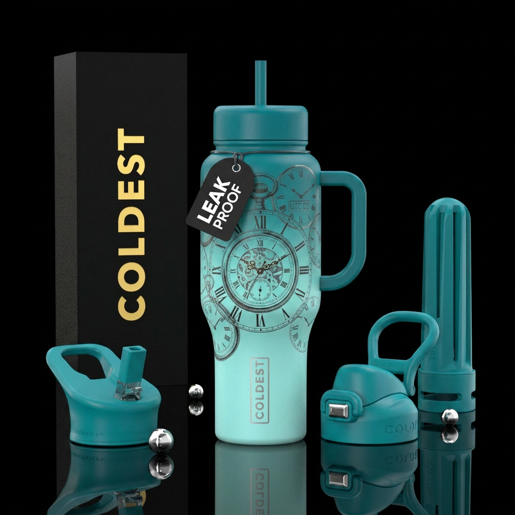 Time, clocks of all styles, teal ombré bottle, vib... water bottle design