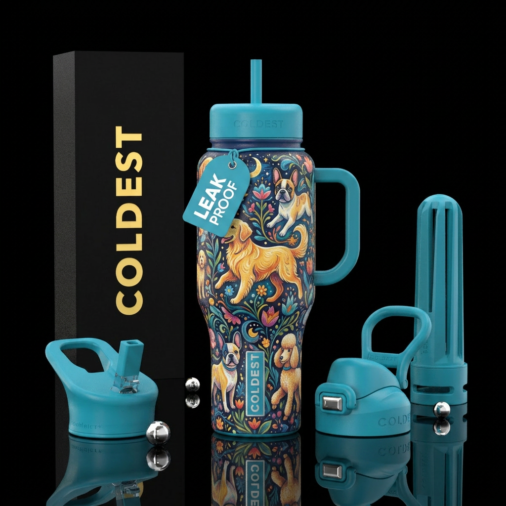whimsical, beautiul, dog water bottle design