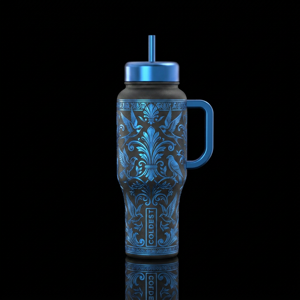 birds, abstract, electric blue, neoclassical water bottle design