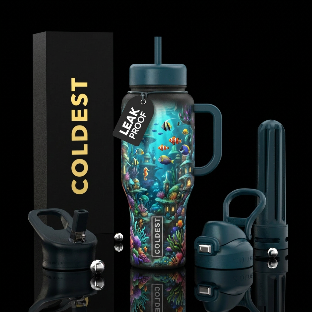 underwater city, whimsical, magical, vibrant water bottle design
