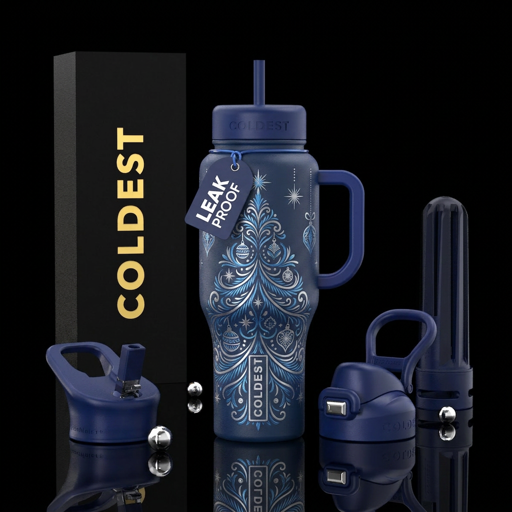 Elegant Christmas tree, blue and silver colors on ... water bottle design