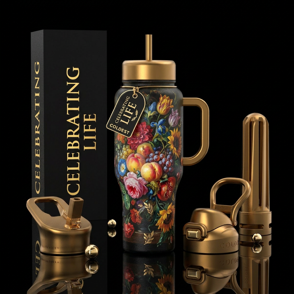 classical, oil painted, beautiful, celebrating lif... water bottle design