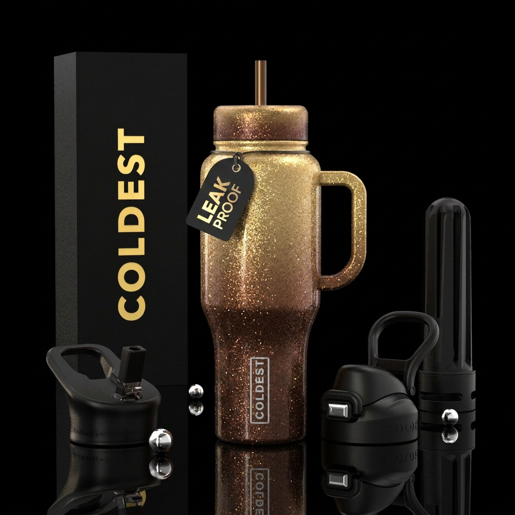 sparkly, glittery, ombré, shades of brown to gold water bottle design