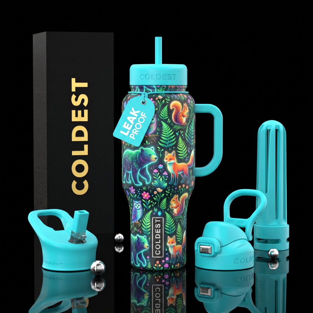 glowie, forest animals in summer , vibrant water bottle design