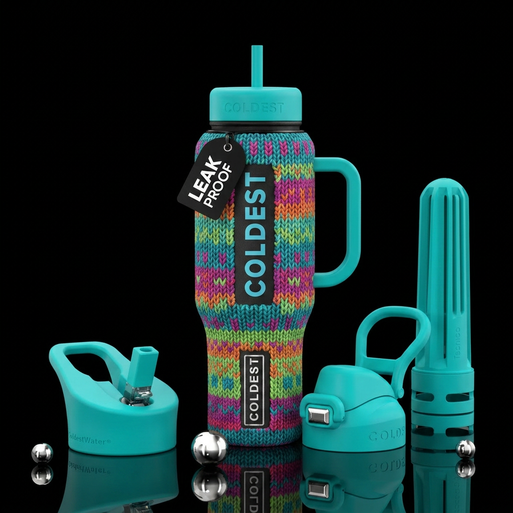 Knitted project on colorful vibrant bottle water bottle design