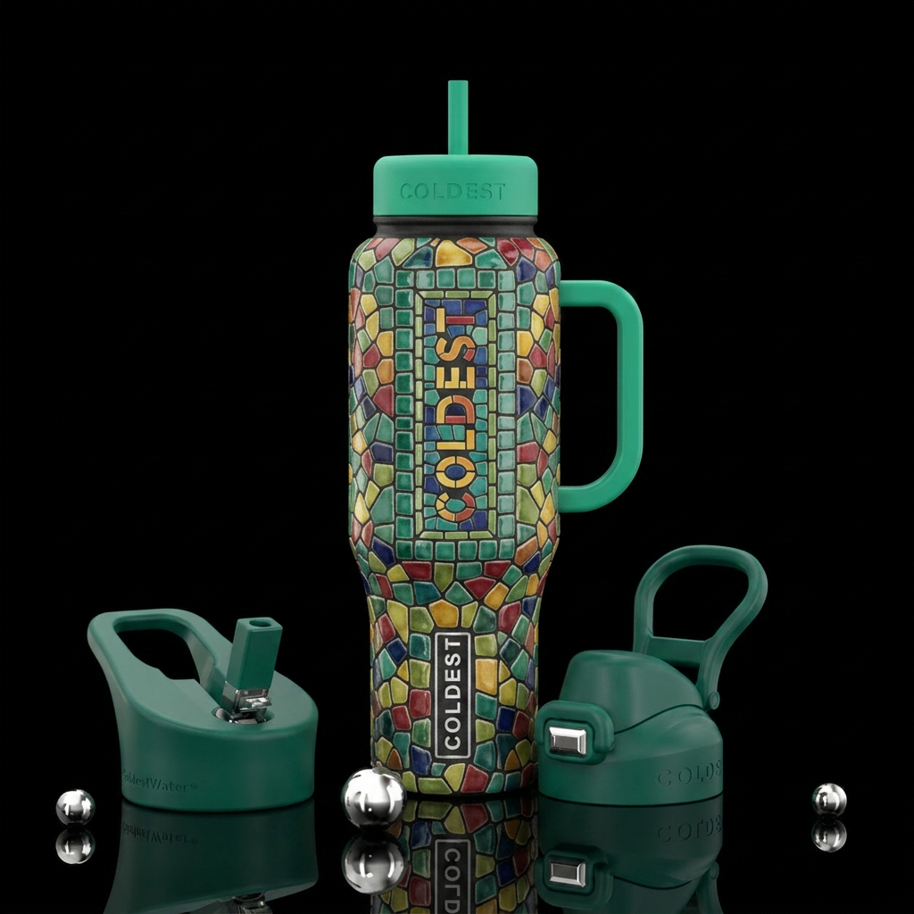 lettering the word Coldest, on ceramic tiles, lush... water bottle design