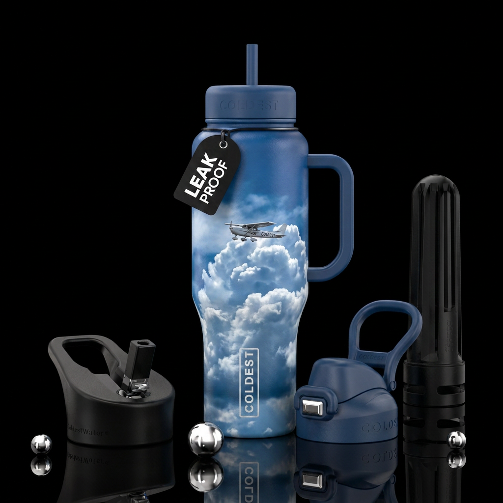Summer day with airplane flying showing Coldie Con... water bottle design