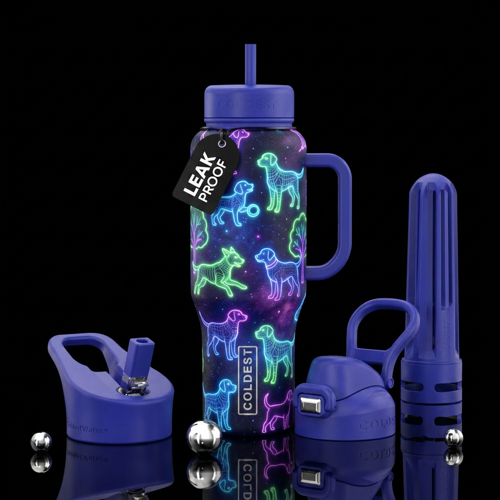 Neon, whimsical, glowie,, dog, trees, vibrant water bottle design