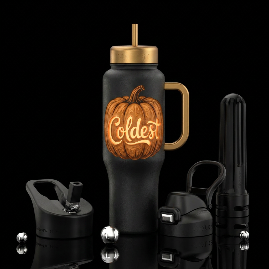 Black bottle, pumpkin carved with the word Coldest... water bottle design