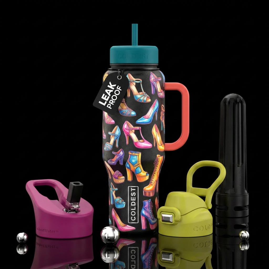 Fun vibrant high heeled shoes from different eras,... water bottle design