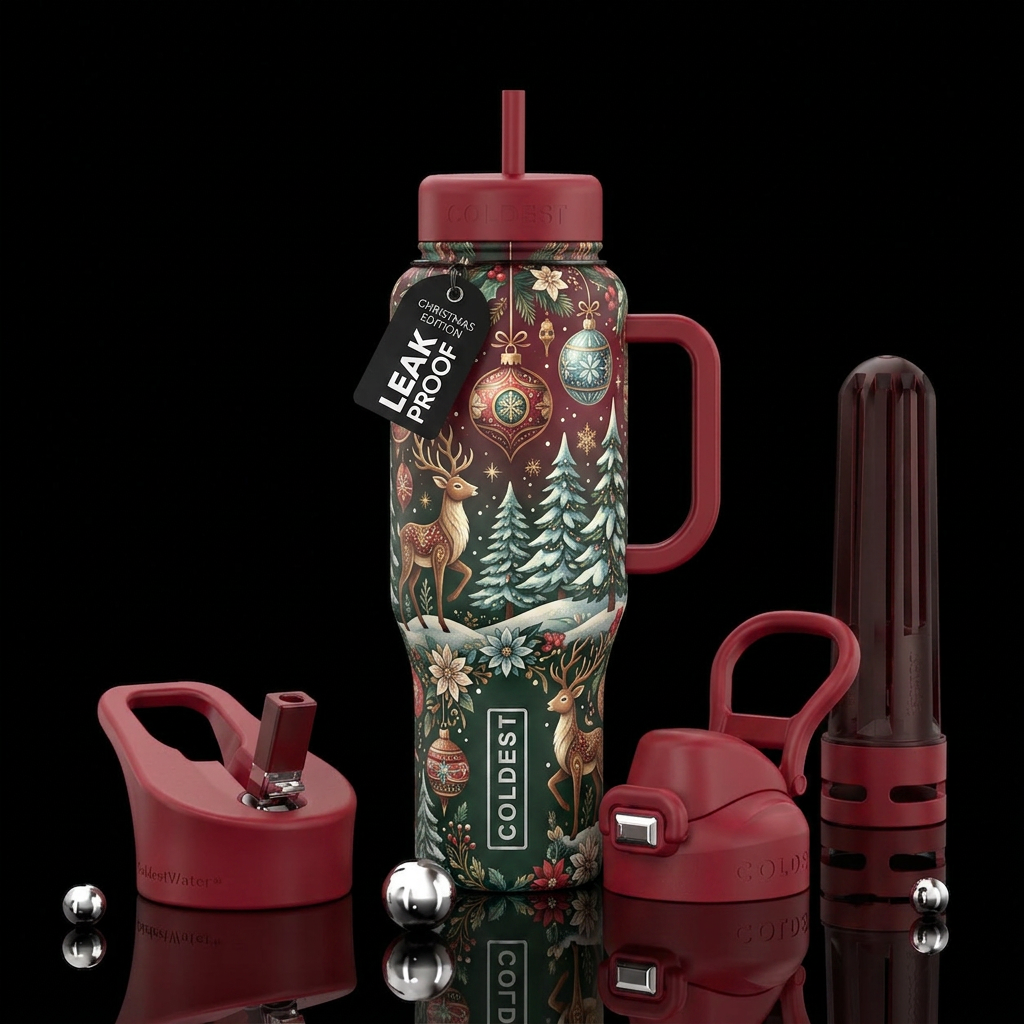 whimsical, Christmas, fun, lush colors water bottle design