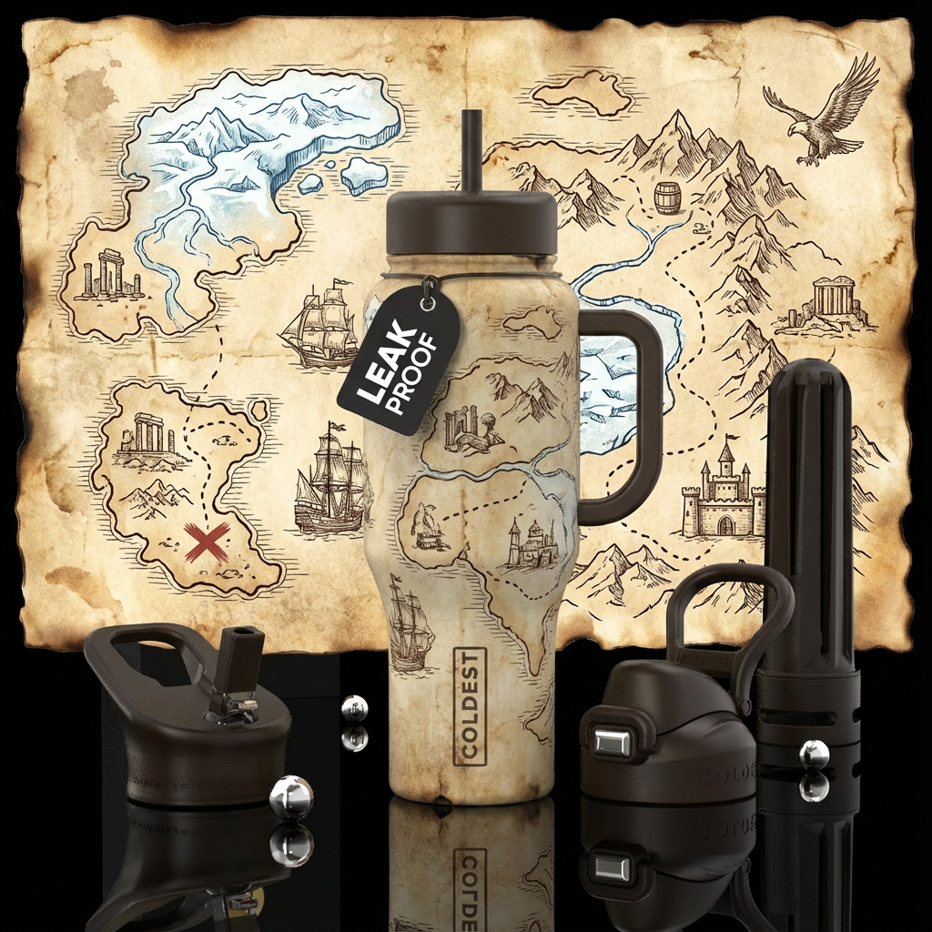 A vintage treasure map illustrated on aged parchme... water bottle design