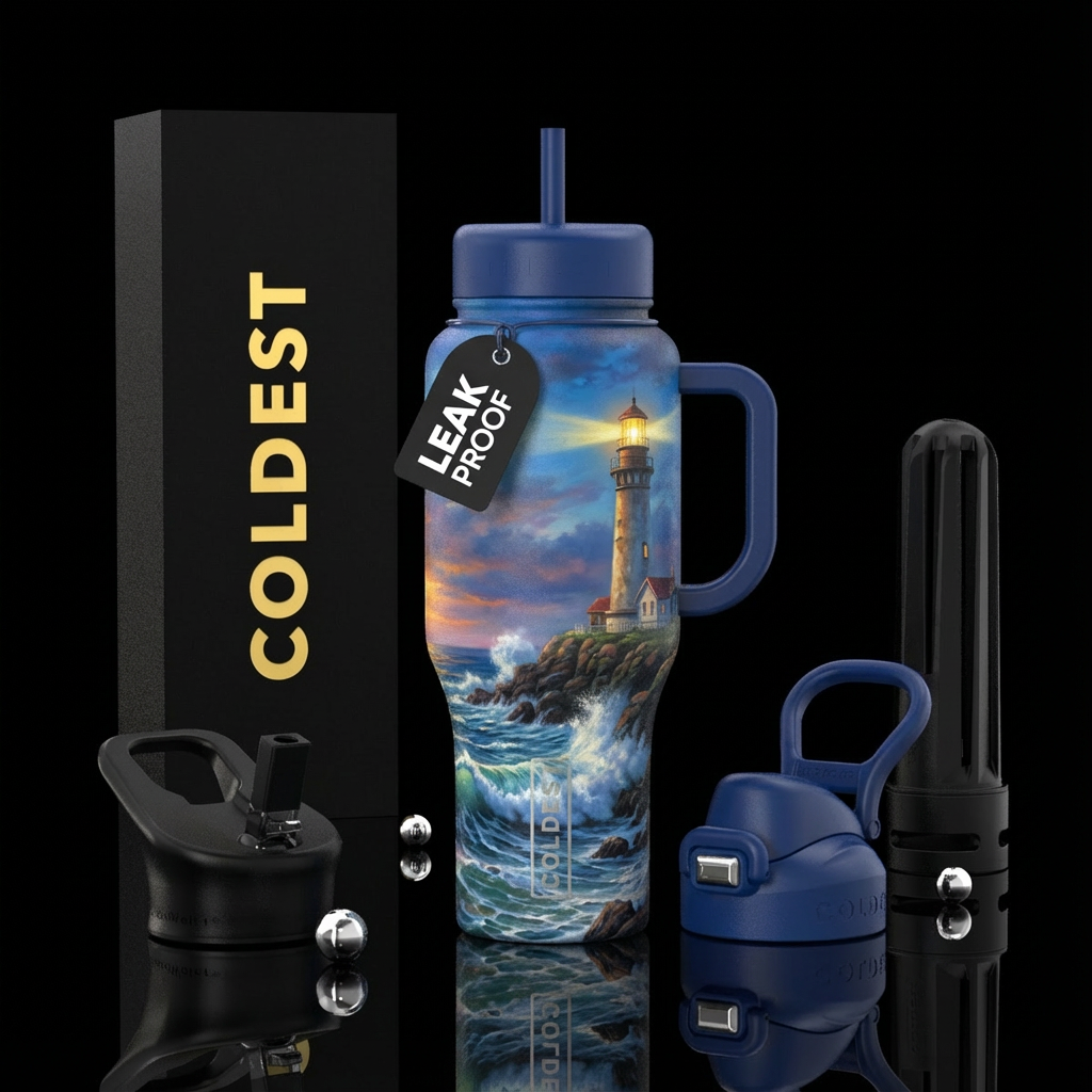 A realistic detailed lighthouse shining over the o... water bottle design