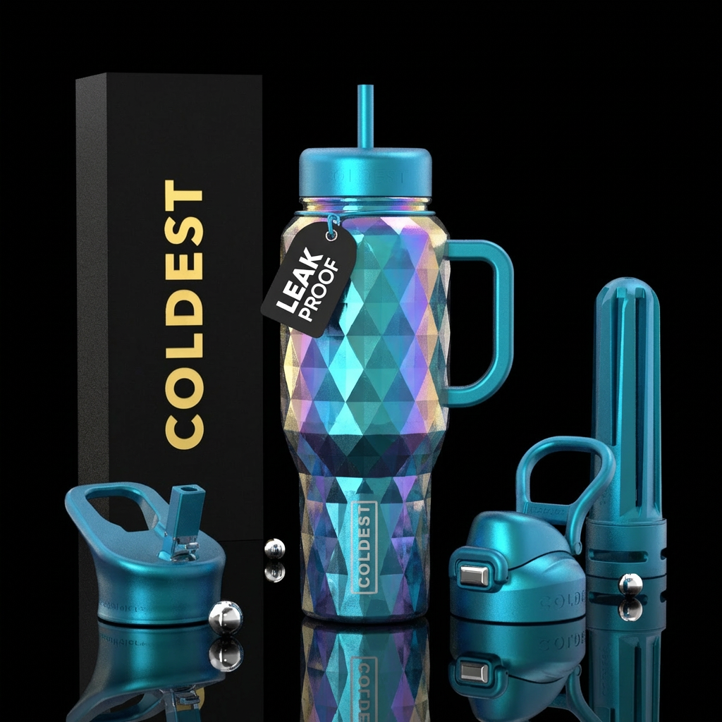 faceted diamond ice texture, 3D crystal surface, s... water bottle design
