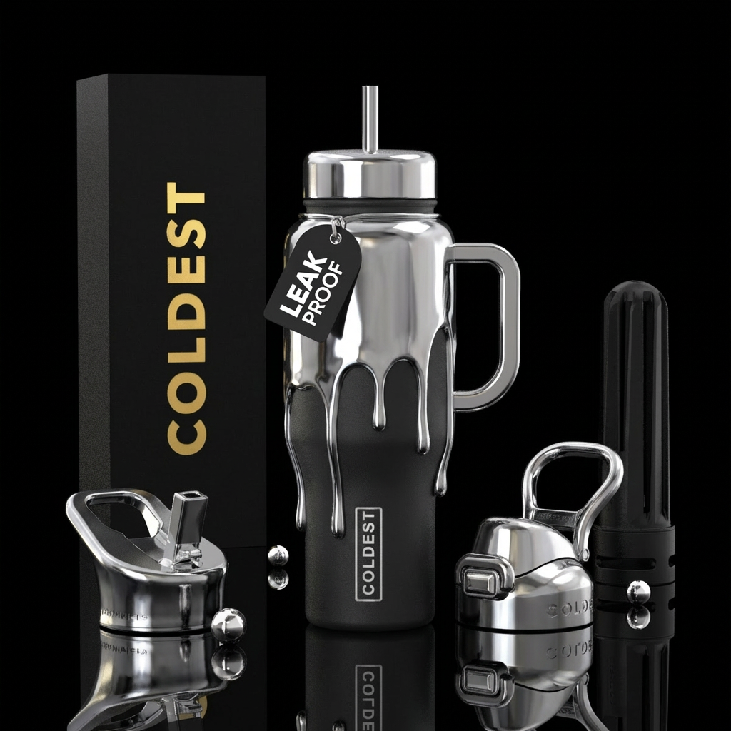 liquid chrome dripping over matte black surface, r... water bottle design