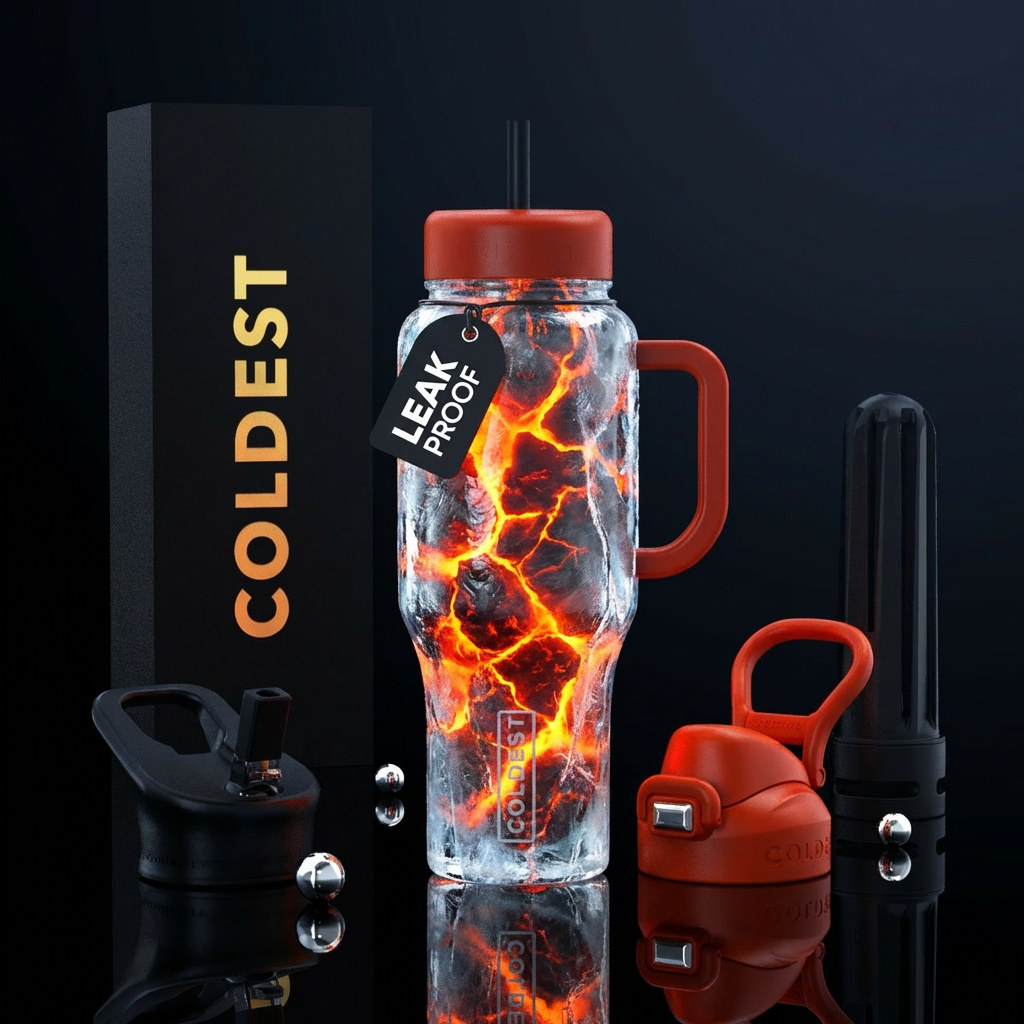 hyper realistic molten lava cracks glowing under t... water bottle design
