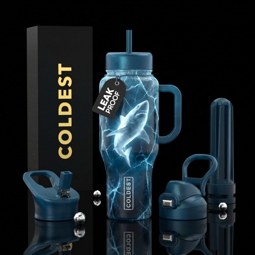 ghostly shark silhouette beneath translucent ice l... water bottle design