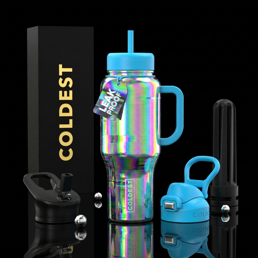 holographic glitch effect, RGB separation, layered... water bottle design
