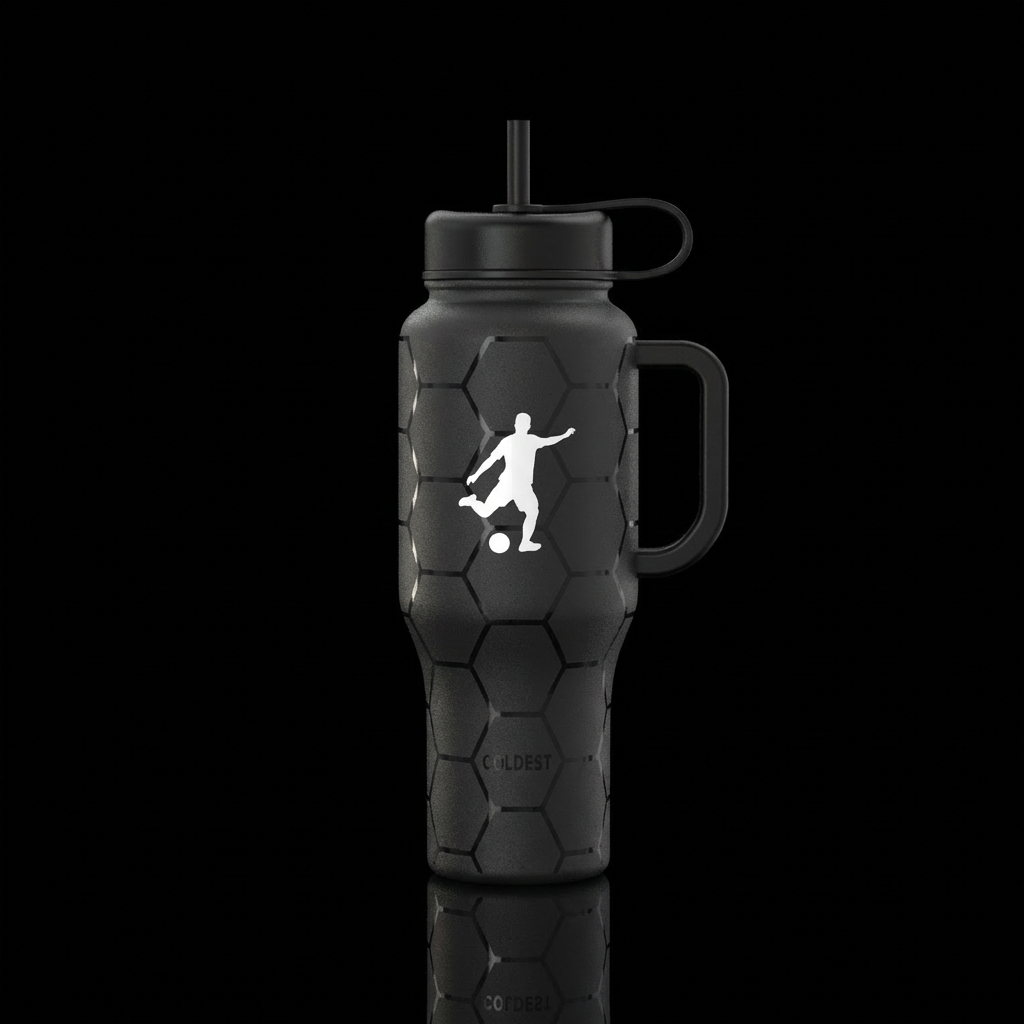 Matte black soccer ball hexagon pattern with subtl... water bottle design
