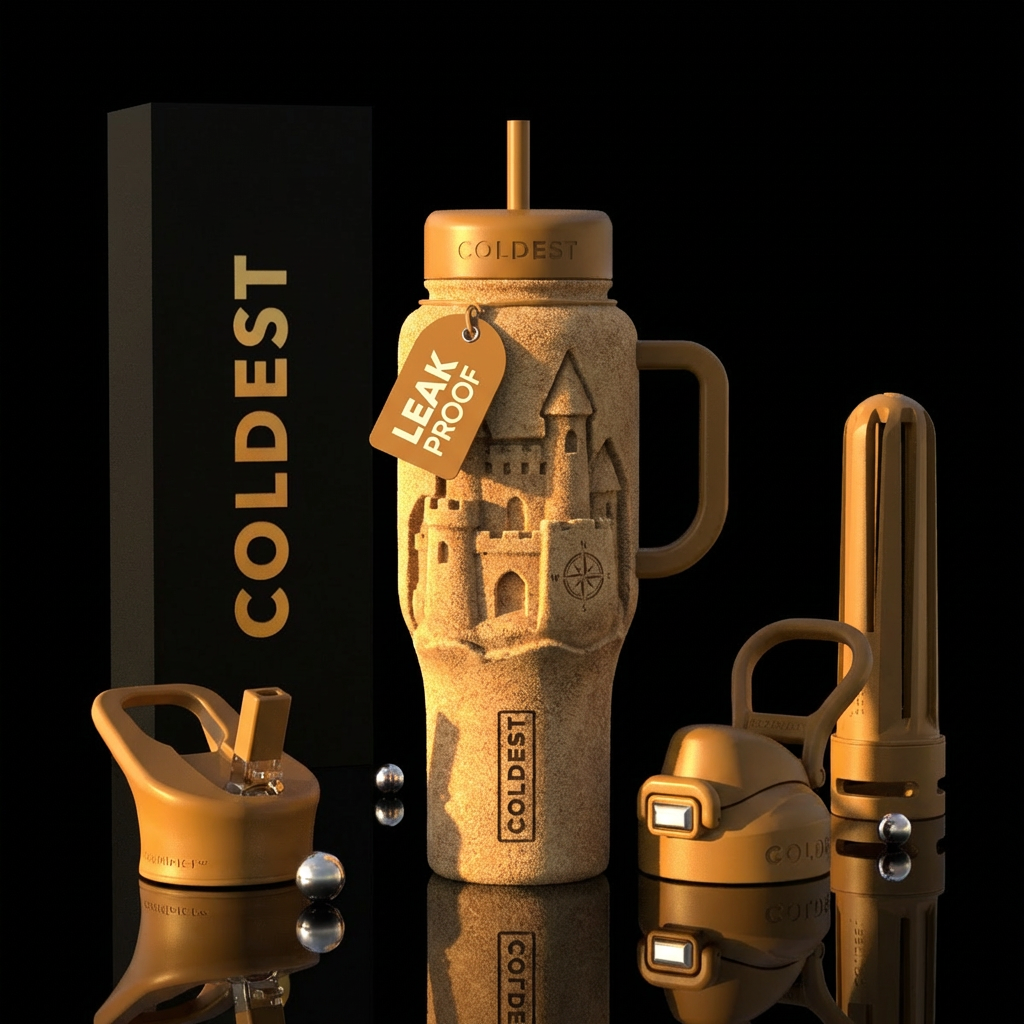 rugged sandcastle shaped like a coastal fortress, ... water bottle design