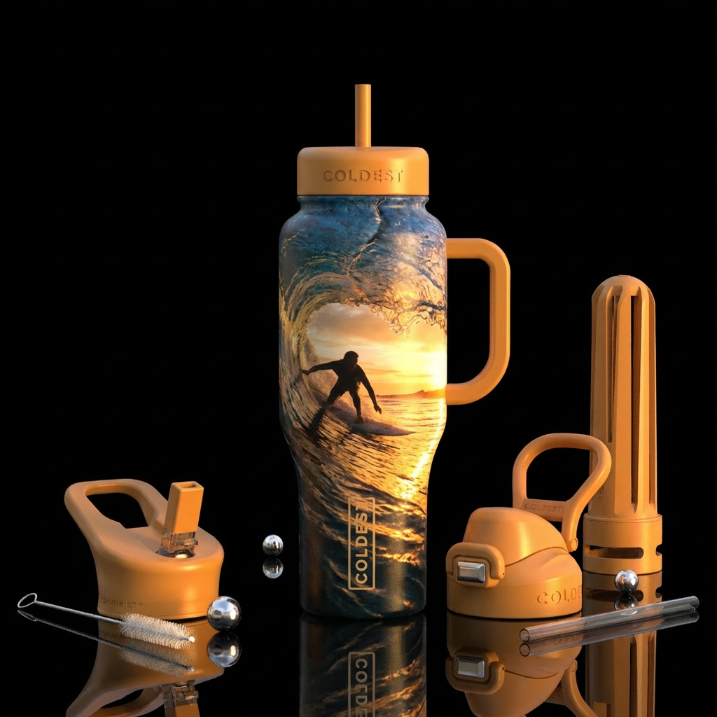 surfer inside a perfect glassy barrel wave at suns... water bottle design