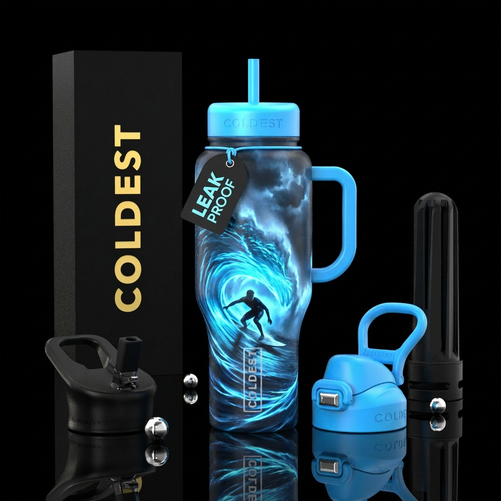 surfer inside massive curling wave, luminous elect... water bottle design