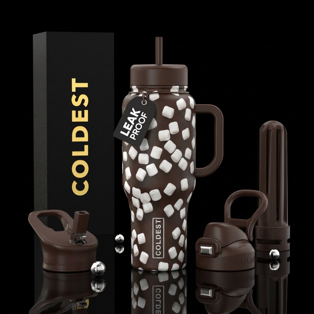 A dark brown background covered in mini white 3d m... water bottle design