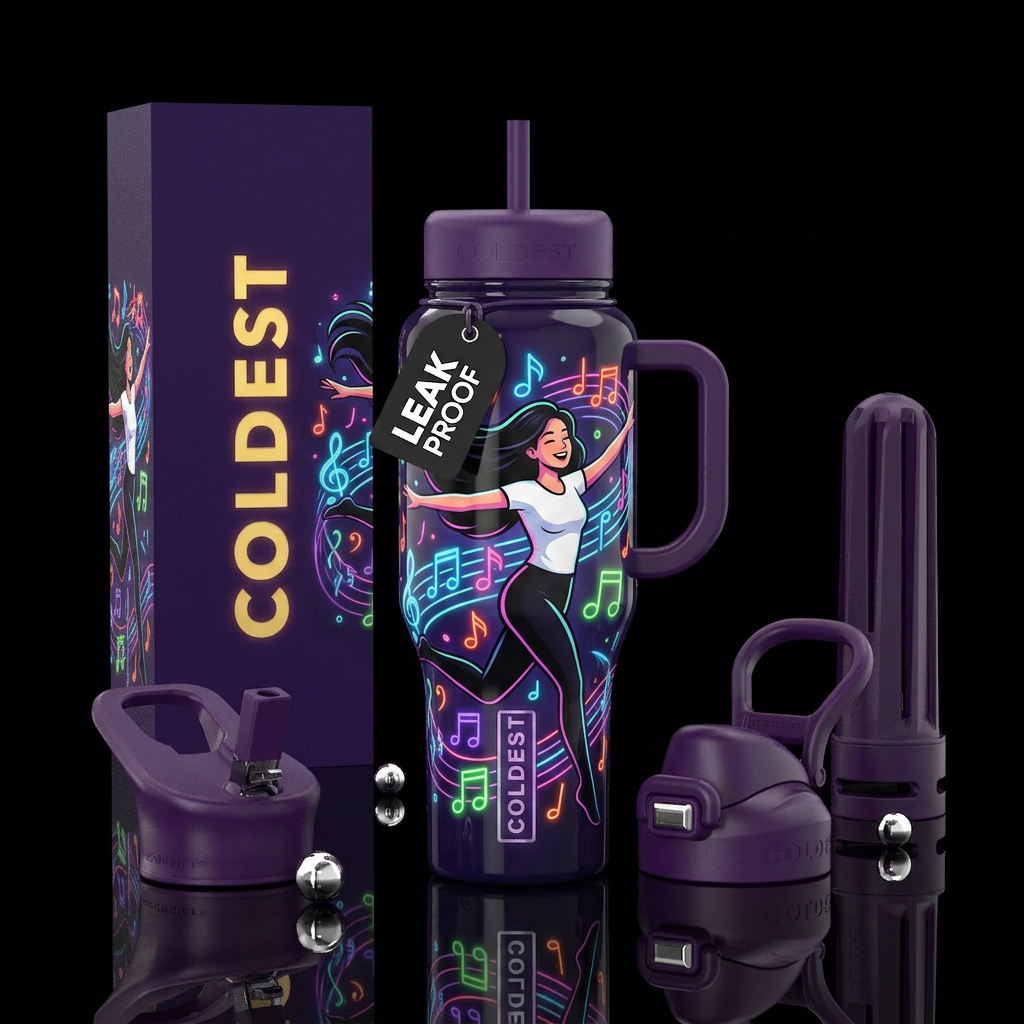 design with a deep dark purple base color. The art... water bottle design