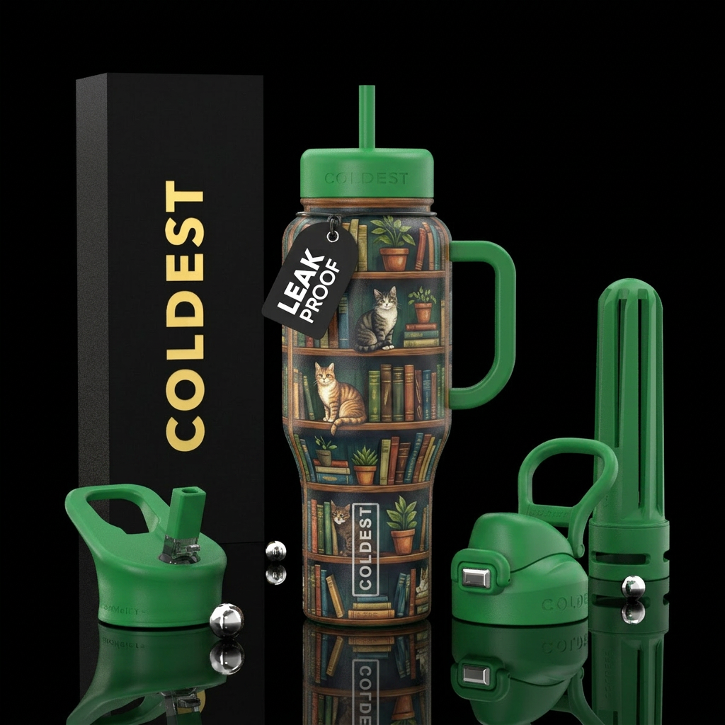 Cats sitting on bookshelves water bottle design