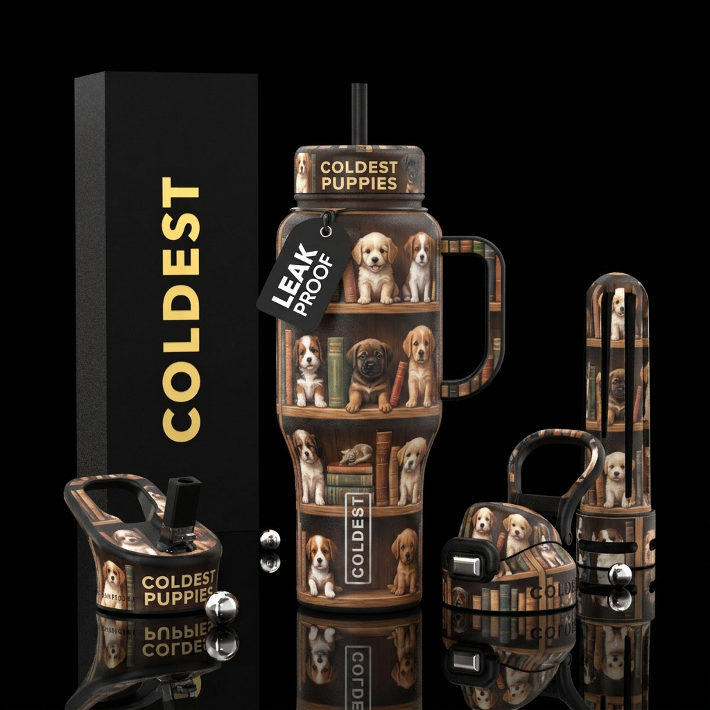 Cute puppies on a bookshelf water bottle design