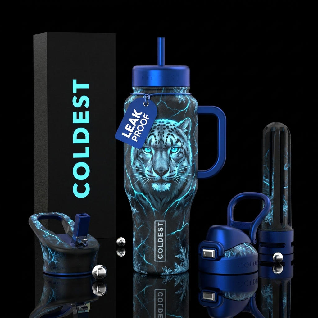 artic cat with neon blues and icy veins water bottle design