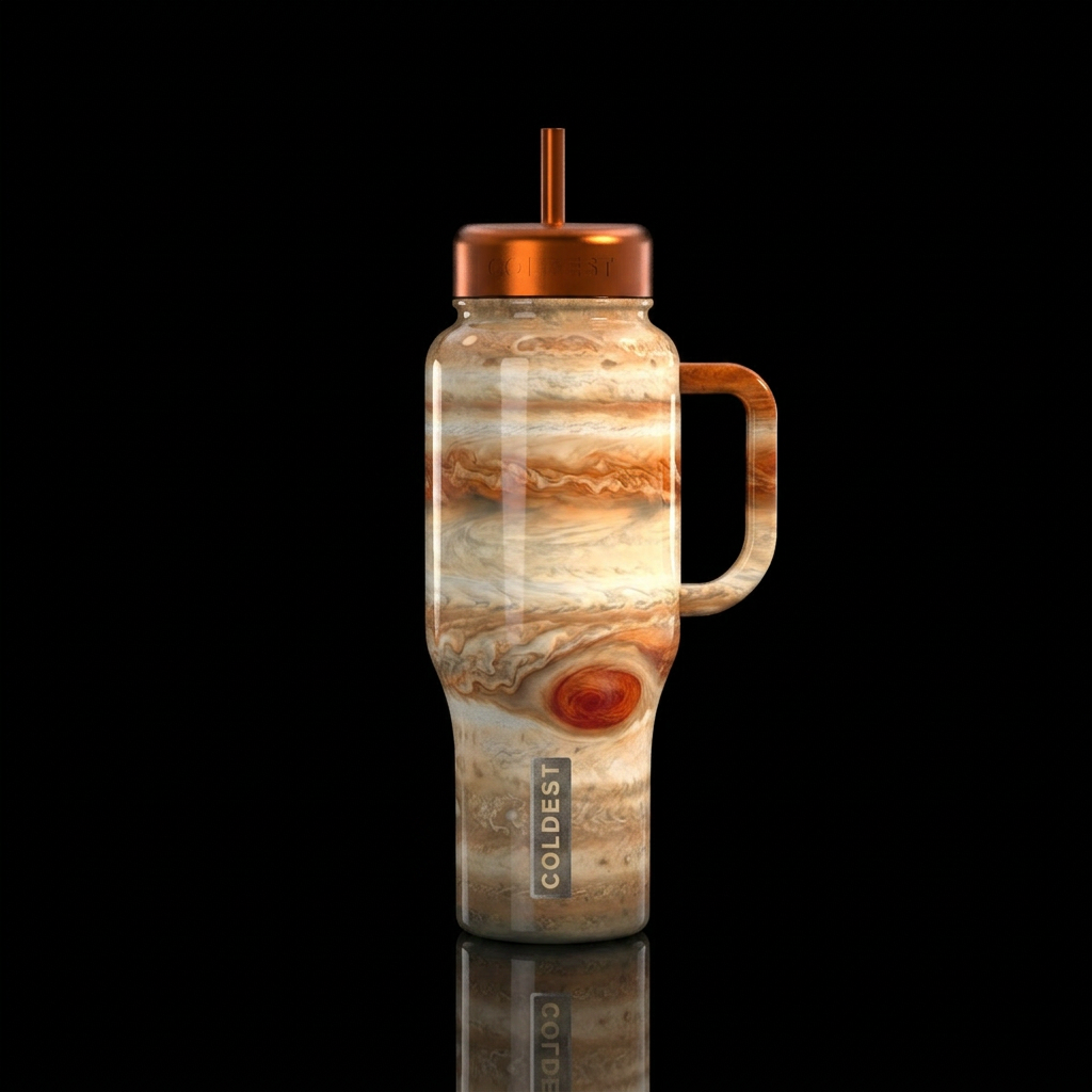 cinematic wide view of planet Jupiter filling the ... water bottle design