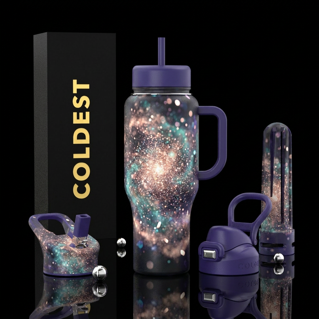 Extreme close-up of a cosmic energy bloom composed... water bottle design