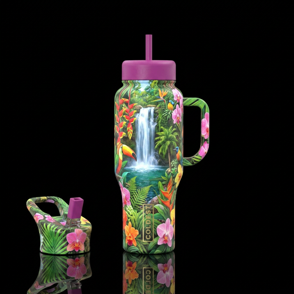 paradise garden with waterfall water bottle design