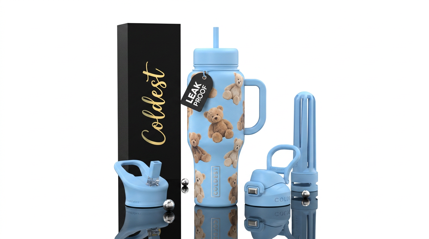 various soft cuddly teddy bears scattered on a sol... water bottle design
