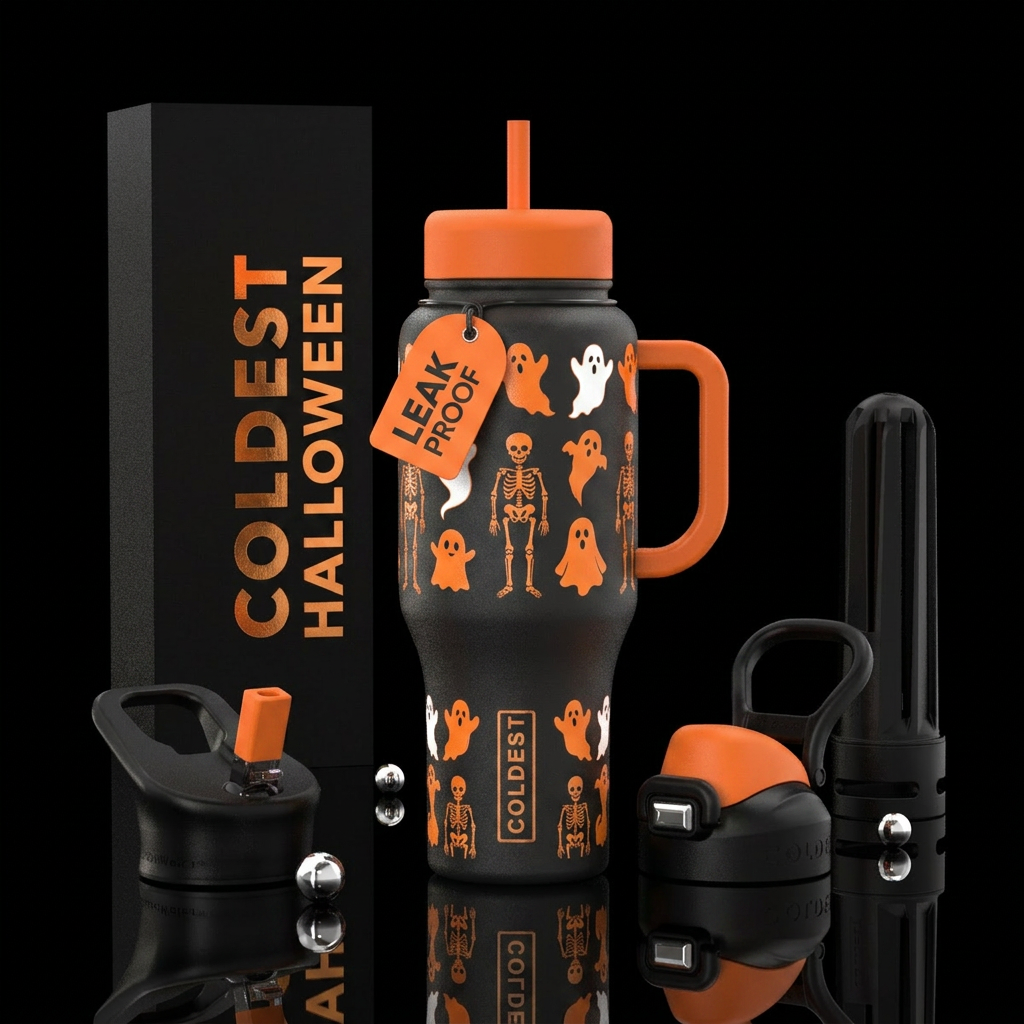 Make me a Halloween inspired bottle with orange an... water bottle design