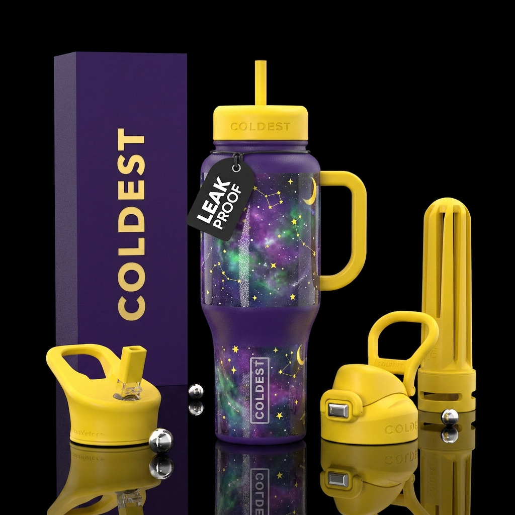 Wizard skies , space , yellow handle and lid , yel... water bottle design