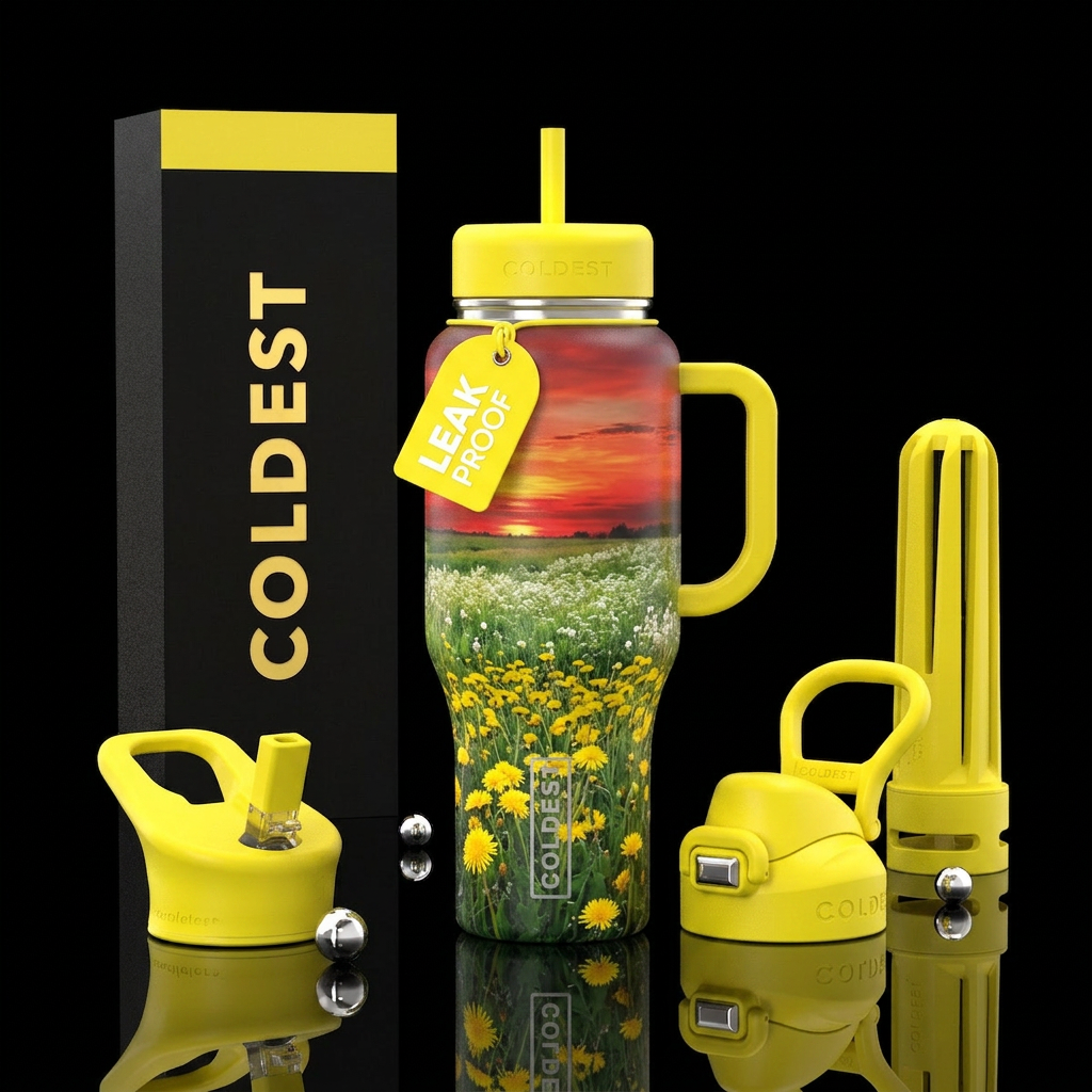 Bright yellow handle and lids , field of bright ye... water bottle design