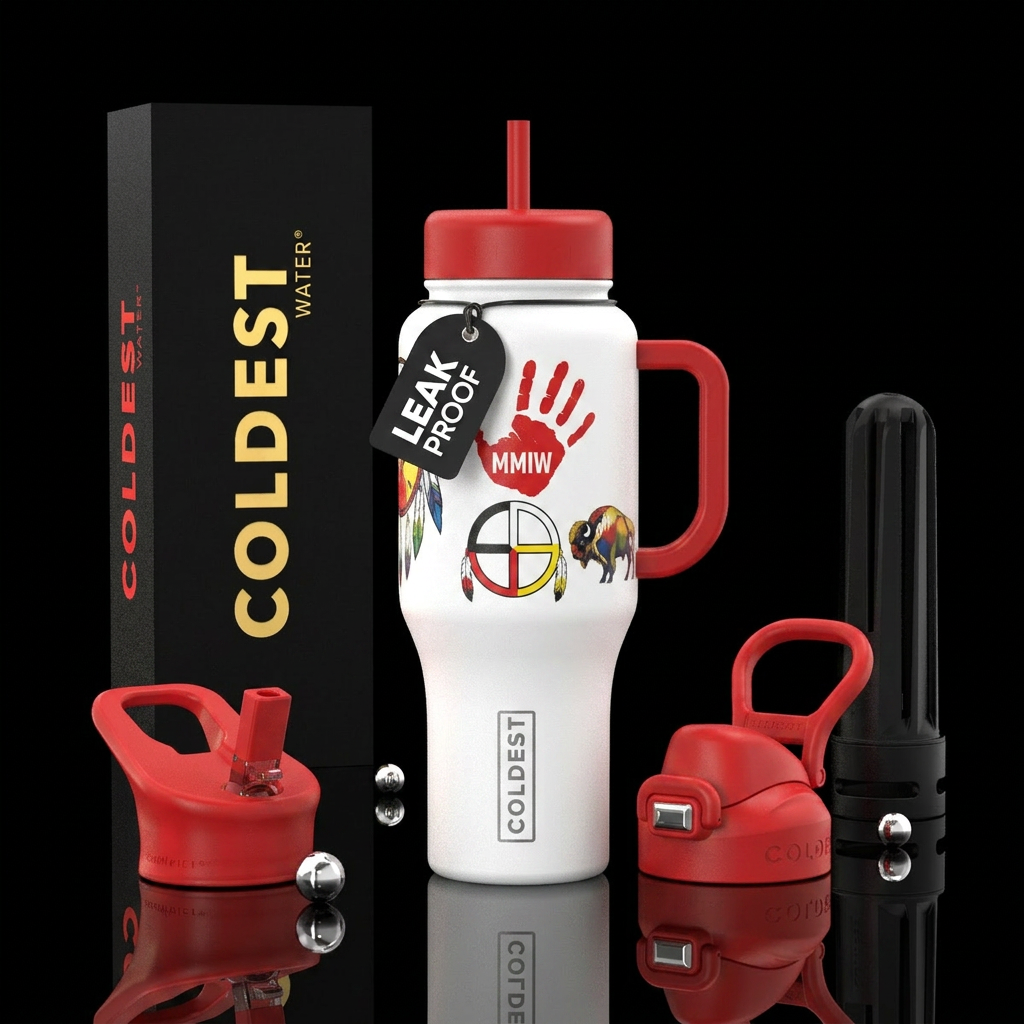 White cup red handle and lid read handprint on bot... water bottle design