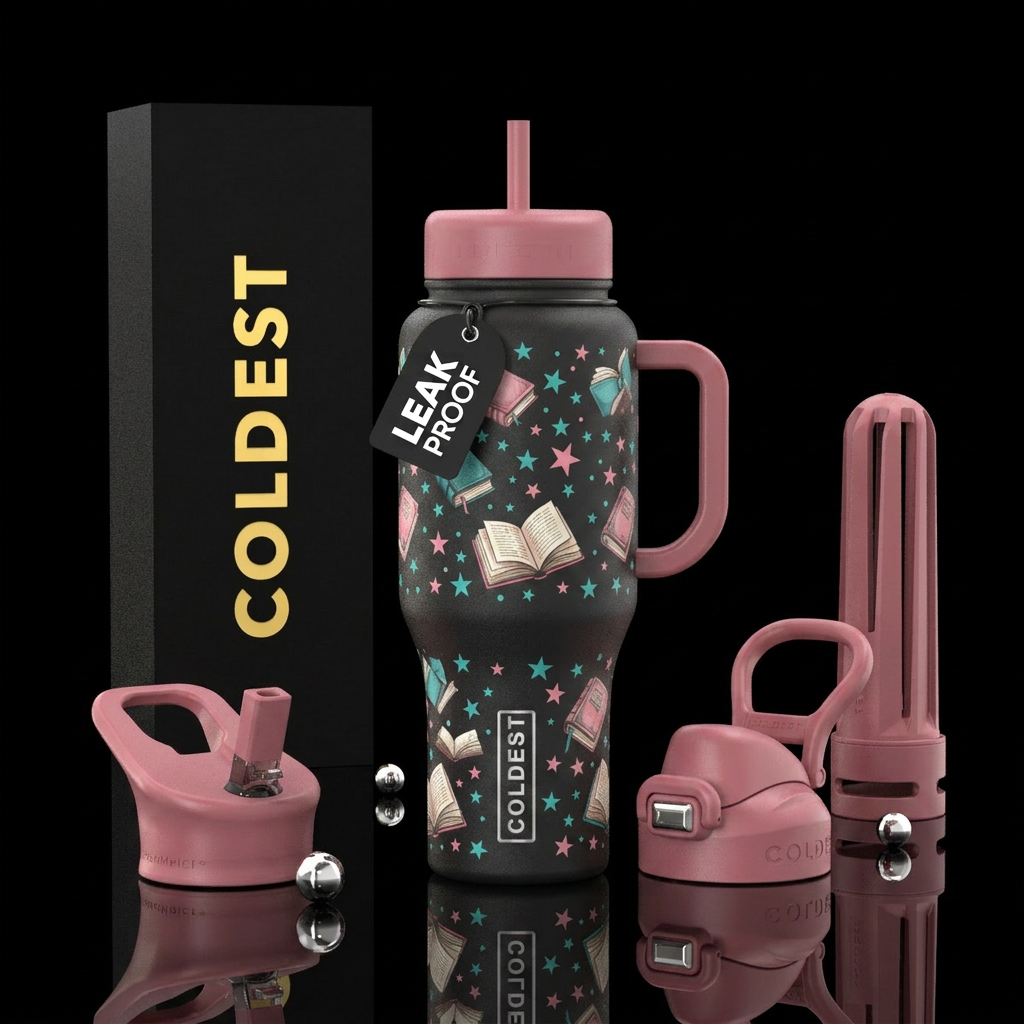 Black cup teal lid and handle stars and floating b... water bottle design