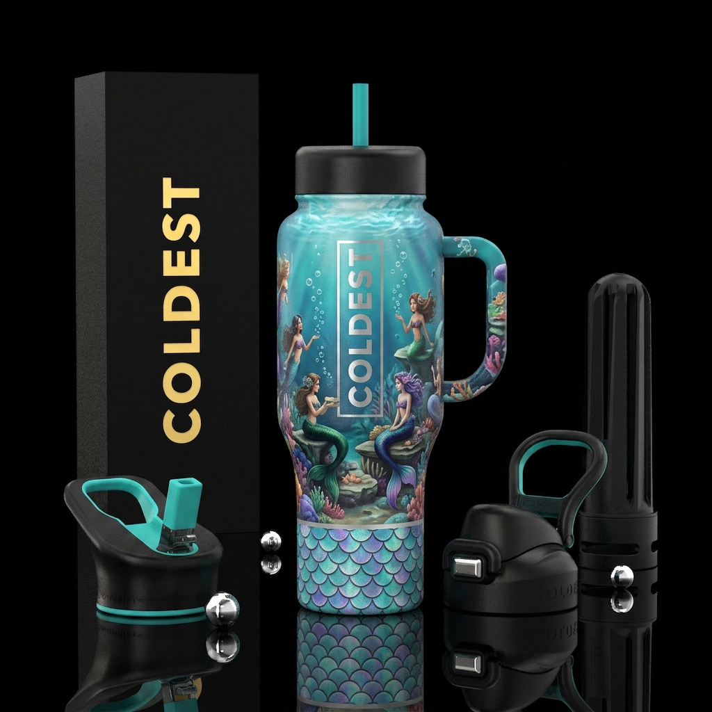 Teal lid and handle rocks and mermaids sitting und... water bottle design
