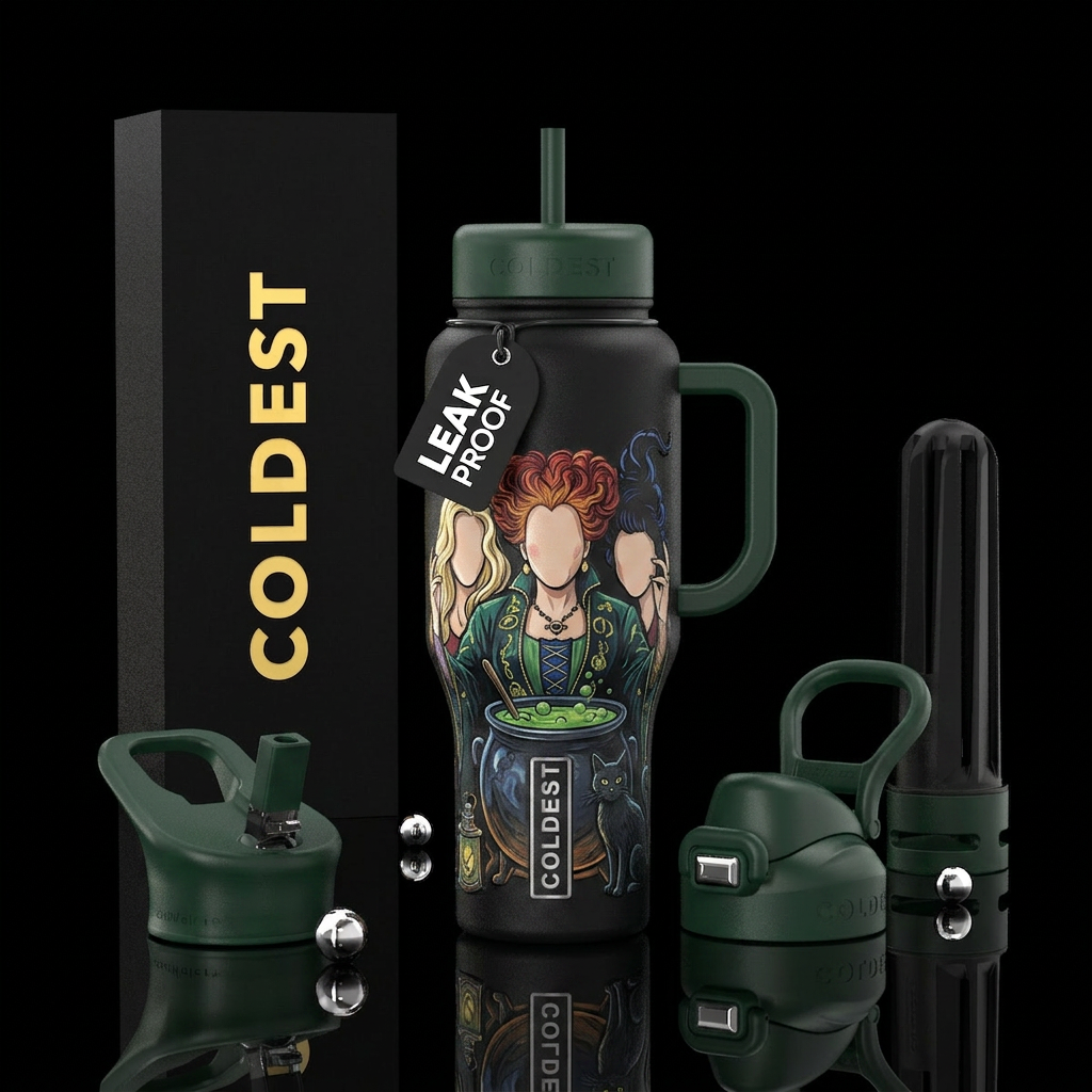 Black cup dark green handle and lids body of three... water bottle design