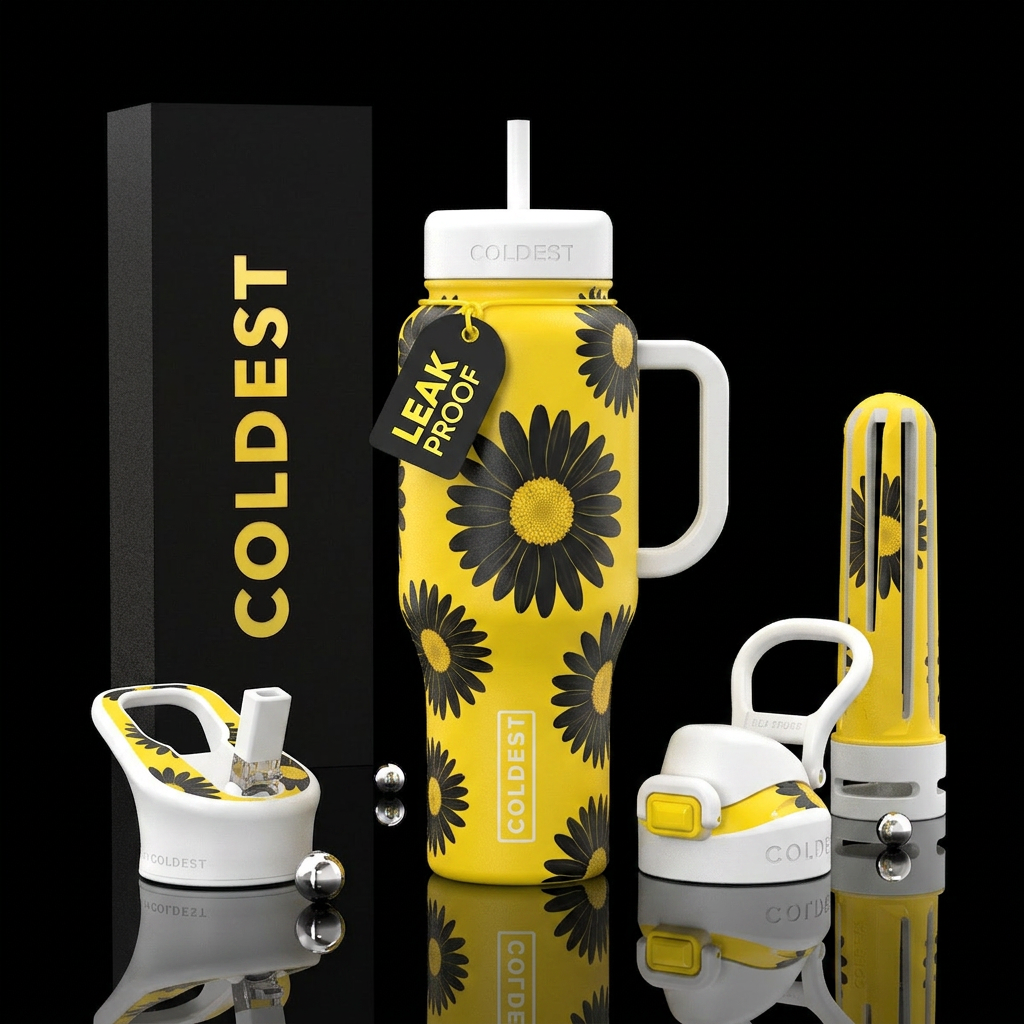 Yellow cup white lid and handle giant black and ye... water bottle design