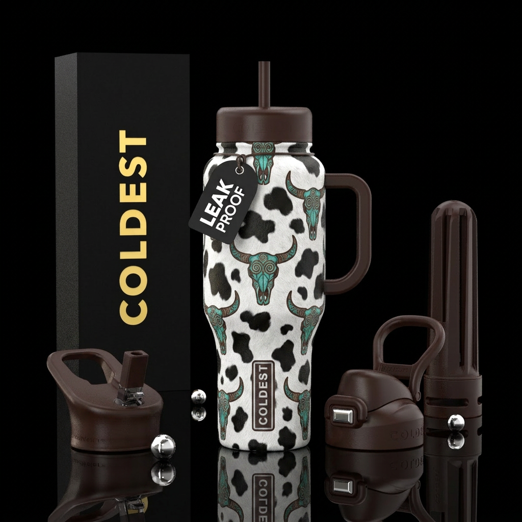 Brown handle and lids , cow print all over bottle ... water bottle design